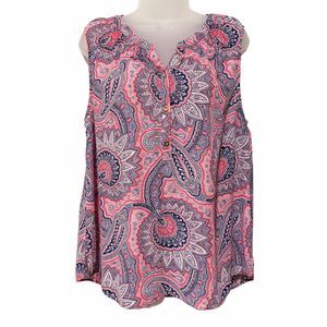 Talbots Womens XLP Sleeveless Pink Blue Paisley V Neck Lightweight Top Blouse